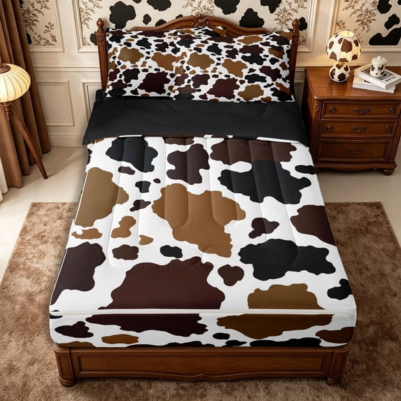 Manfei Rustic Cow Print Zipper Full Size Comforter Sets with Fitted Sheet and 2 Pillowcases,Minimalist Animal Pattern Zipper Bedding Set,White Brown Beige,Reversible