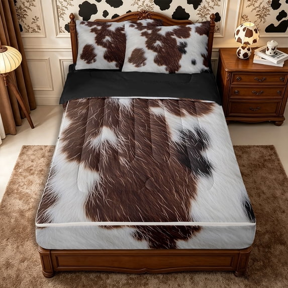 Manfei Rustic Cow Print Zipper Full Size Comforter Sets with Fitted Sheet and 2 Pillowcases,Rustic Farm Animal Zipper Bedding Set,Dark Brown,Reversible