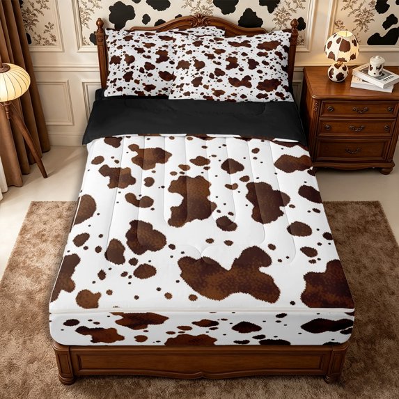 Manfei Rustic Cow Print Zipper Twin Comforter Sets with Fitted Sheet and 2 Pillowcases,Rustic Farm Animal Zipper Bedding Set,Chocolate Brown,Reversible