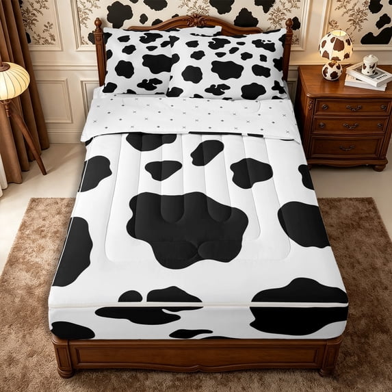 Manfei Rustic Cow Print Zipper Twin Comforter Sets with Fitted Sheet and 2 Pillowcases,Rustic Farm Animal Zipper Bedding Set,White Black,Reversible