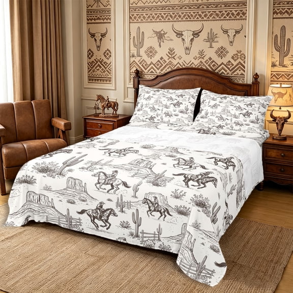 Manfei Rustic Cowboy Bed Sheets 4-Piece,Retro Aesthetics Full Size Sheets,Brown White,1 Flat Sheet,1 Fitted Sheet and 2 Pillowcases