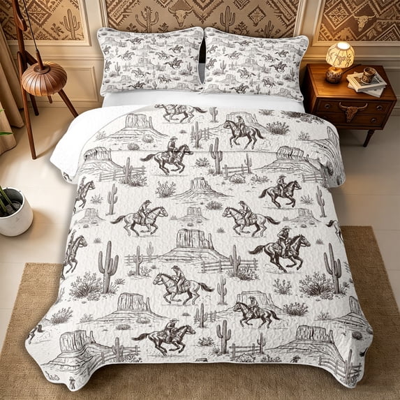 Manfei Rustic Cowboy Bed Spread Queen 3pcs,Retro Aesthetics Queen Coverlet Set,Brown White,1 Quilt and 2 Pillowcases