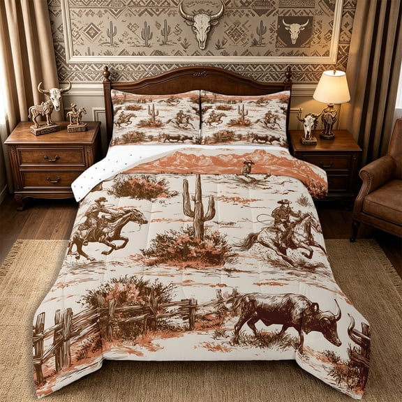 Manfei Rustic Cowboy Full Size Comforter Sets 3-Piece,Western Cactus Bedding Comforter Set,Orange Brown,1 Comforter and 2 Pillowcases,Reversible