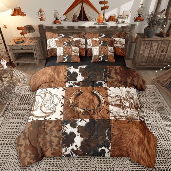 Manfei Rustic Cowboy Horseshoe 7-Piece Bedding Comforter Set,Patchwork Cow Hide King Bedding Sets,Country Farmhouse Lodge Bed Sheets For Boys Teens,Microfiber Bedroom Decor Reversible