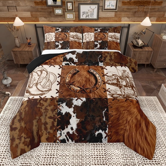 Manfei Rustic Cowboy Horseshoe Bedding Comforter Set,Patchwork Cow Hide Twin Comforter Sets,Country Farmhouse Lodge Bedding Set For Boys Teens,Microfiber Bedroom Decor Reversible,2pcs