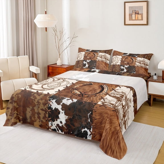 Manfei Rustic Cowboy Horseshoe Full Size Sheets,Patchwork Cow Hide Bed Sheets,Country Farmhouse Lodge Sheet Sets For Boys Teens,Microfiber Bedroom Decor,4-Piece