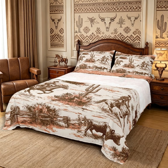 Manfei Rustic Cowboy Queen Sheets 4 Pieces,Western Cactus Queen Sheet Sets,Orange Brown,1 Flat Sheet,1 Fitted Sheet and 2 Pillowcases