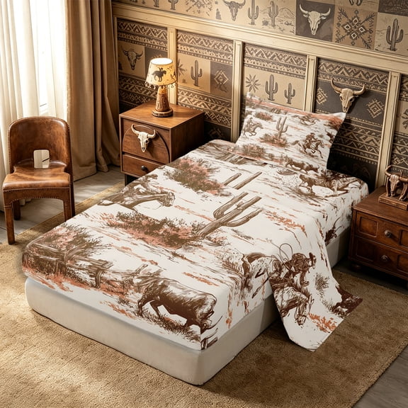 Manfei Rustic Cowboy Twin Sheets 3pcs,Western Cactus Bedding,Orange Brown,1 Flat Sheet,1 Fitted Sheet and 1 Pillowcase