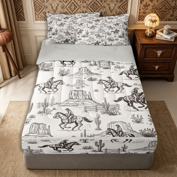 Manfei Rustic Cowboy Zipper Twin Comforter Sets with Fitted Sheet and 2 Pillowcases,Retro Aesthetics Zipper Bedding Set,Brown White,Reversible
