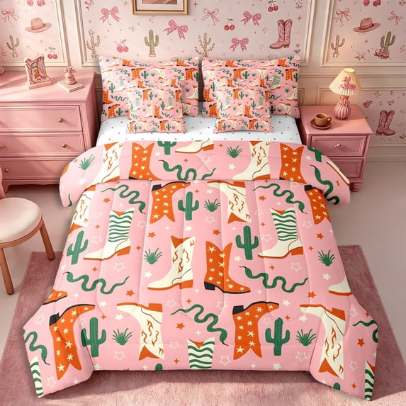 Manfei Rustic Cowgirl Boots King Bedding 7pcs,Western Theme Stars King Bed in a Bag,Pink White