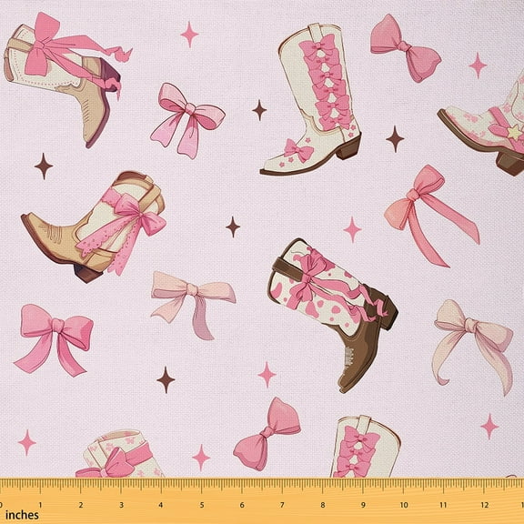Manfei Rustic Cowgirl Boots Sewing & Crafting Fabric (1 Yard), Pink Dreamy Bowknot Home Decor Fabric by the Yard, Glitter Stars DIY Fabric