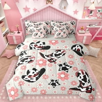 Manfei Rustic Cowgirl Hat 7-Piece Twin Bedding Sets, Fashion Cow Print Bedding Comforter Set, Kawaii Pink Blossoms Floral Reversible Sheet Sets, Microfiber Bedroom Decor