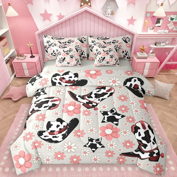 Manfei Rustic Cowgirl Hat 7-Piece Twin Bedding Sets, Fashion Cow Print Bedding Comforter Set, Kawaii Pink Blossoms Floral Reversible Sheet Sets, Microfiber Bedroom Decor