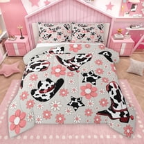 Manfei Rustic Cowgirl Hat Bedding Comforter Set, Fashion Cow Print Twin Comforter Sets, Kawaii Pink Blossoms Floral Reversible Bedding Set, Microfiber Bedroom Decor, 2pcs