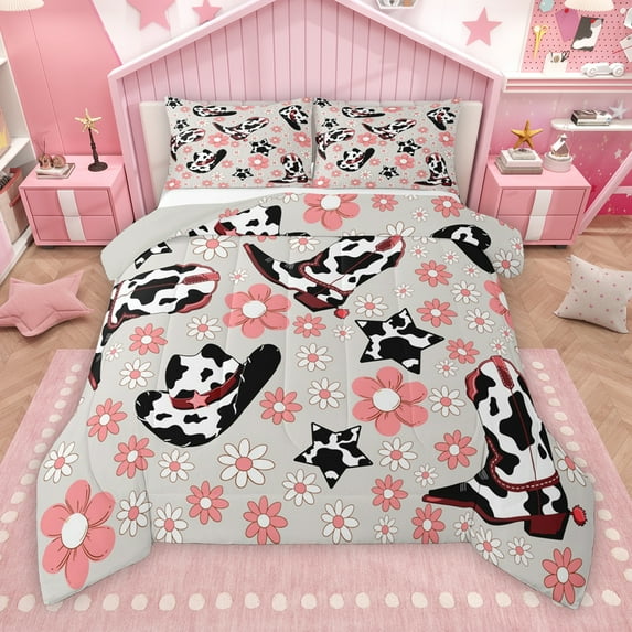 Manfei Rustic Cowgirl Hat Bedding Comforter Set, Fashion Cow Print Twin Comforter Sets, Kawaii Pink Blossoms Floral Reversible Bedding Set, Microfiber Bedroom Decor, 2pcs
