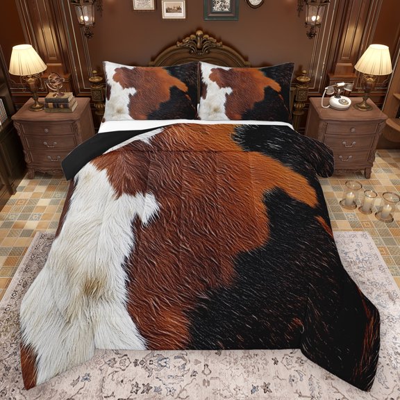 Manfei Rustic Cowhide Queen Comforter Set,Country Farmhouse Bedding Sets,Brown Black White Bedding Comforter Set For Adult,Microfiber Bedroom Decor Reversible,3-Piece