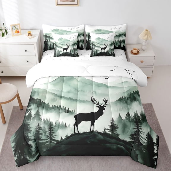 Manfei Rustic Deer 7-Piece Twin Bedding,Green Pine Mountain Bedding Comforter Set,Reversible