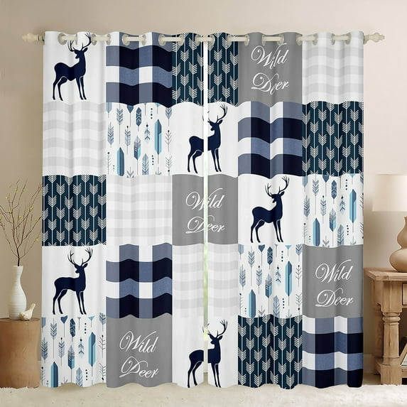 Manfei Rustic Deer Child Curtains Pack of 2 (42x84 Each), Vintage Blue Buffalo Plaid Curtains Blackout, Kawaii Cartoon Animal Bedroom Curtains, Curtains and Drapes Decor