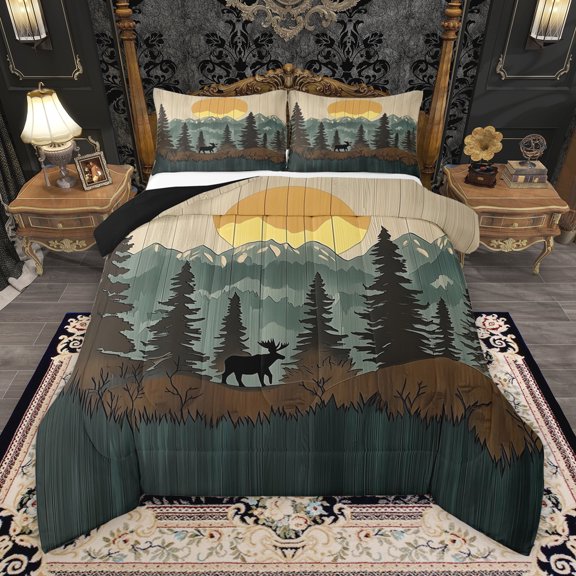 Manfei Rustic Deer Moose Elk Queen Comforter Set, Retro Country Animal Bedding Sets, Farmhouse Cabin Wildlife Reversible Bedding Comforter Set, Microfiber Bedroom Decor, 3 Pieces
