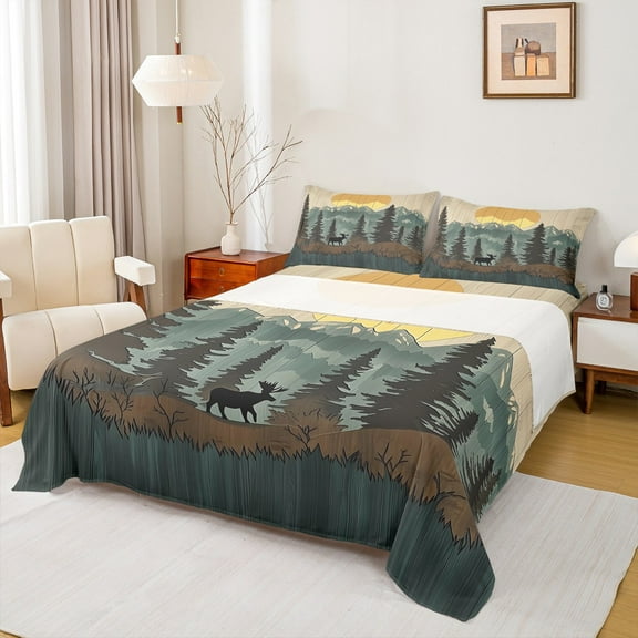 Manfei Rustic Deer Moose Elk Twin Sheet Sets, Retro Country Animal Twin Fitted Sheet, Farmhouse Cabin Wildlife Flat Sheet, Microfiber Bedroom Decor, 3 Pieces