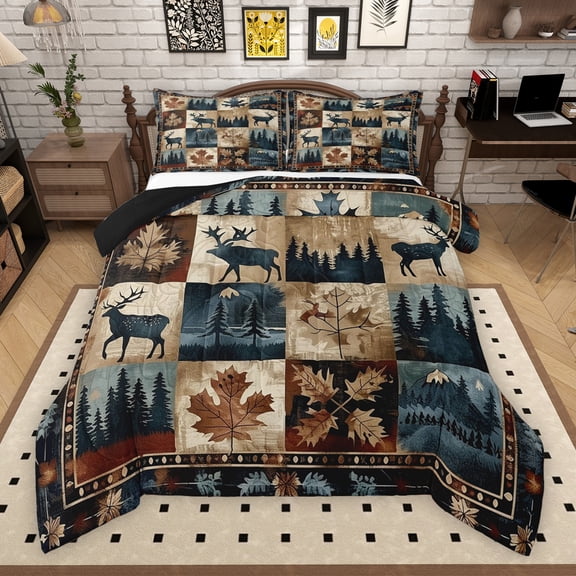 Manfei Rustic Deer Moose Queen Comforter Set, Vintage Patchwork Bedding Sets, Farmhouse Cabin Wildlife Reversible Bedding Comforter Set, Luxury Bedroom Decor, 3pcs