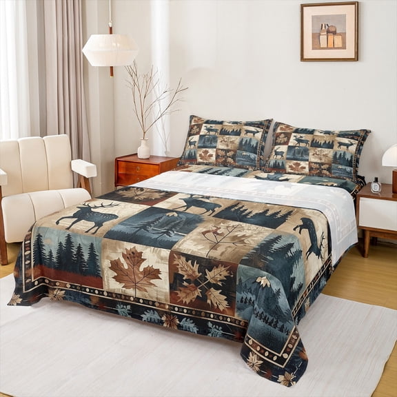 Manfei Rustic Deer Moose Twin Sheet Sets, Vintage Patchwork Twin Fitted Sheet, Farmhouse Cabin Wildlife Flat Sheet, Luxury Bedroom Decor, 3pcs