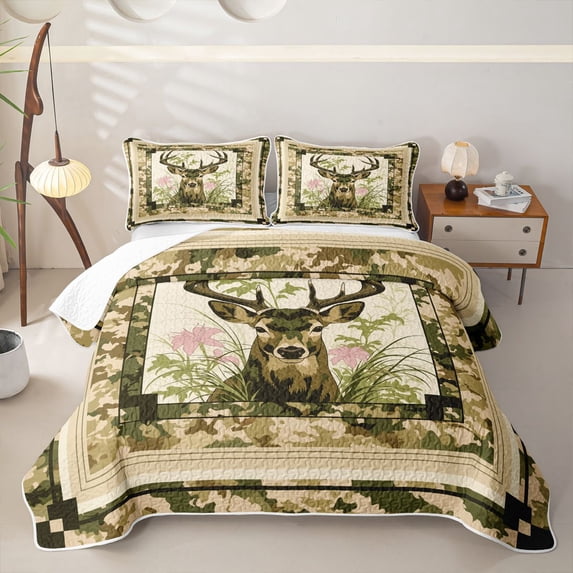 Manfei Rustic Deer Plaid Quilt Full,Lovely Flowers Full Bedspread Sets,Green,3pcs