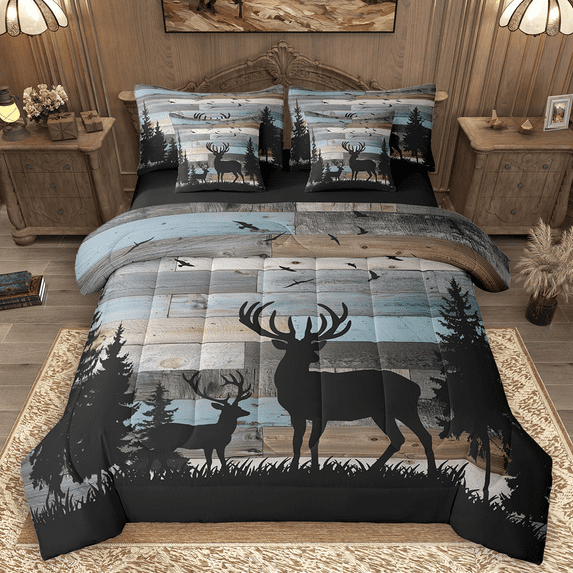 Manfei Rustic Deer Silhouette Bedding Comforter Set 7pcs, Teal Old Barn Door King Bedding Sets, Botanical Pine Tree Bed Sheets, Lightweight Room Decor
