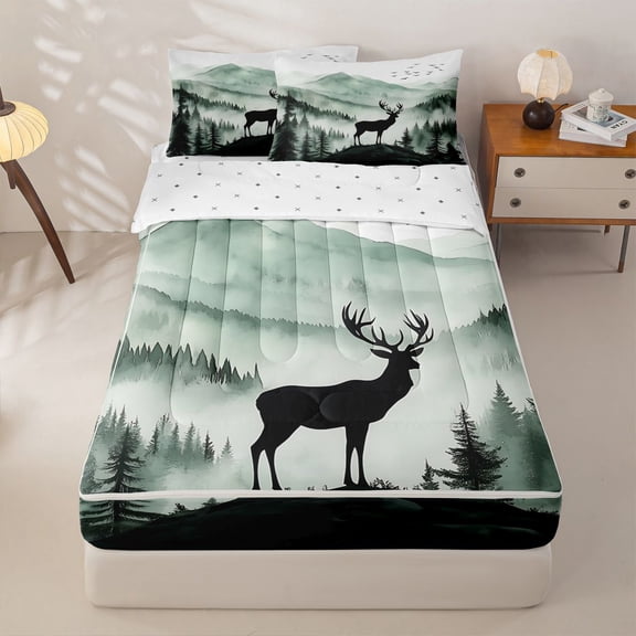 Manfei Rustic Deer Zipper Twin Comforter Sets with Fitted Sheet and 2 Pillowcases,Green Pine Mountain Zipper Bedding Set,Reversible,4pcs