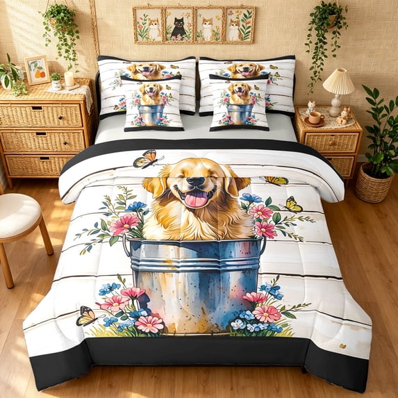 Manfei Rustic Dog Art Full Size Bedding Sets, Garden Blossom Full Size Bed in a Bag, White Multicolor, Gray Reversible, 7pcs