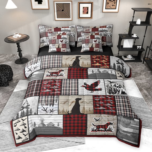 Homewish Rustic Dog Duck Bedding Comforter Set 7pcs for Men, Jungle Hunting King Bedding Sets, Vintage Grey Red Patchwork Reversible Bed Sheets, Breathable Home Decor