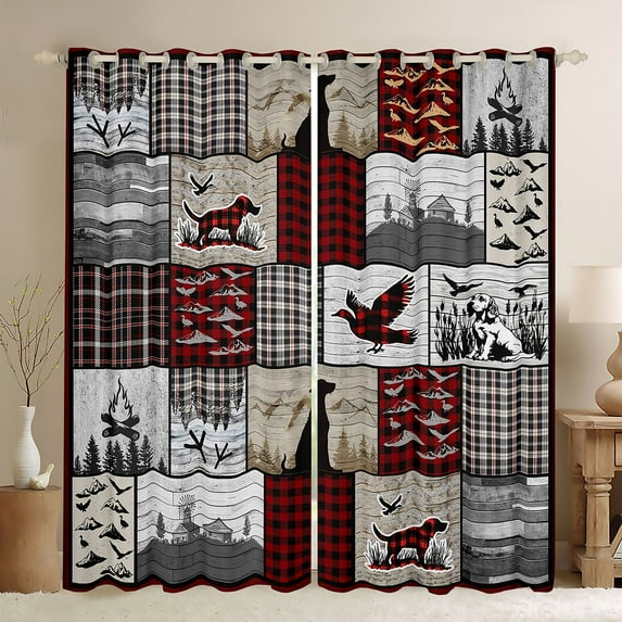 Homewish Rustic Dog Duck Black Out Curtains for Men, Jungle Hunting Curtains Pack of 2 (42x63 Each), Vintage Grey Red Patchwork Bedroom Curtains, Black Out Curtains Decor