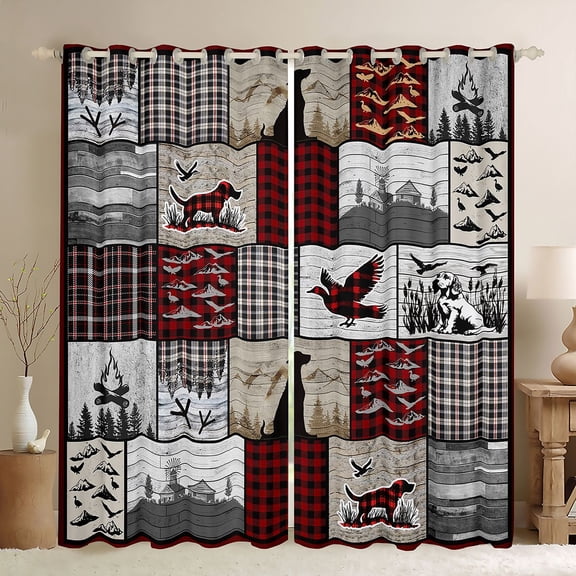 Manfei Rustic Dog Duck Black Out Curtains for Men, Jungle Hunting Curtains Pack of 2 (42x63 Each), Vintage Grey Red Patchwork Bedroom Curtains, Black Out Curtains Decor