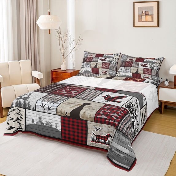 Homewish Rustic Dog Duck Twin Sheet Sets for Men, Jungle Hunting Twin Fitted Sheet, Vintage Grey Red Patchwork Flat Sheet, Breathable Home Decor, 3 Pieces