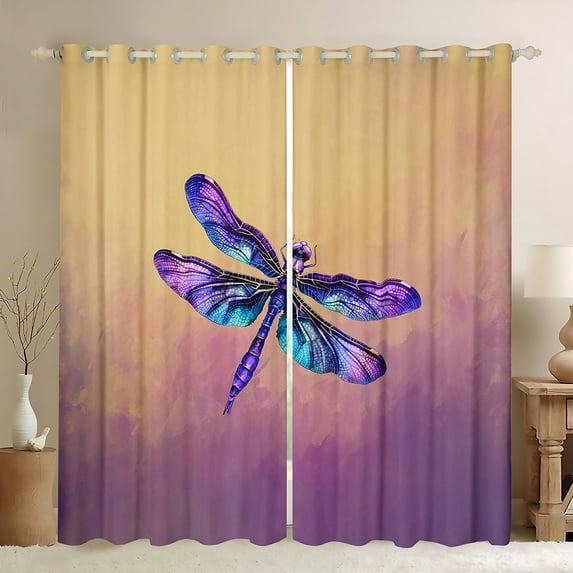 Manfei Rustic Dragonfly Teens Blackout Curtains Set of 2 (52x84 Each), Cartoon Purple Insect Window Curtains, Watercolor Artwork Curtains and Drapes, Black Out Curtains Home Decor