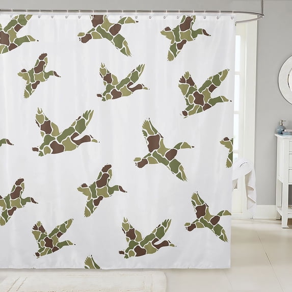Manfei Rustic Duck Camo Shower Curtain 72Wx78L, Old Fashion Camouflage Bath Curtain, White Green
