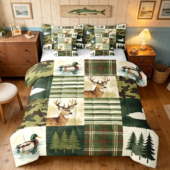 Manfei Rustic Duck Deer Queen Bedding, Contemporary Art Camouflage Bedding Comforter Set Queen, Cream Green, Reversible, 7-Piece