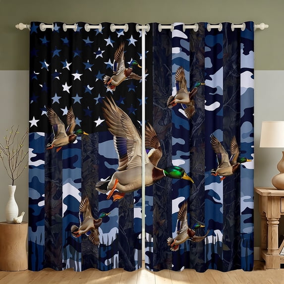 Manfei Rustic Duck Wildlife Blackout Curtains Set of 2 (38x54 Each), Contemporary Art Camouflage Living Room Curtains, Navy