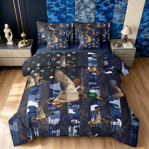 Manfei Rustic Duck Wildlife King Bedding, Contemporary Art Camouflage King Bed in a Bag, Navy, Blue Reversible, 7pcs