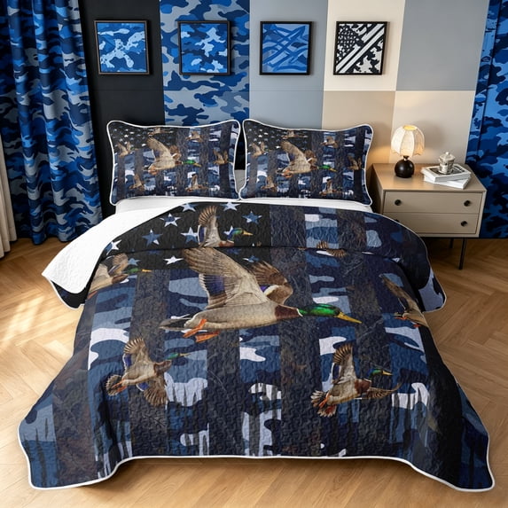 Manfei Rustic Duck Wildlife Twin Quilt Set, Contemporary Art Camouflage Twin Coverlet Set, Navy, 2pcs, 1 Bedspread and 1 Pillowcase