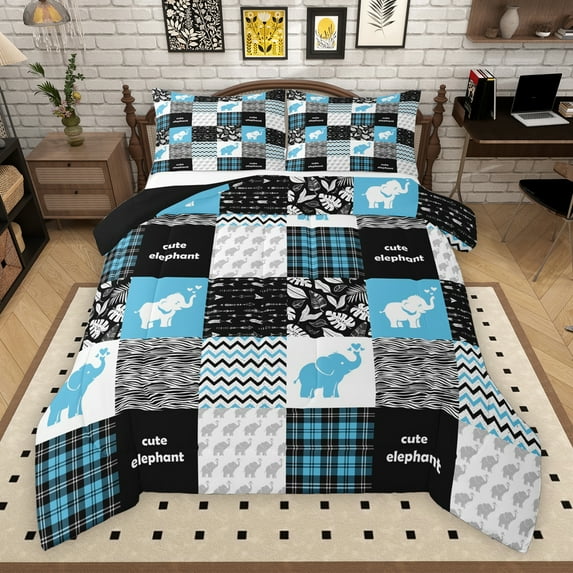 Manfei Rustic Elephant Child Queen Comforter Set, Vintage Blue Buffalo Plaid Bedding Sets, Kawaii Cartoon Animal Reversible Bedding Comforter Set, Lightweight Room Decor, 3-Piece