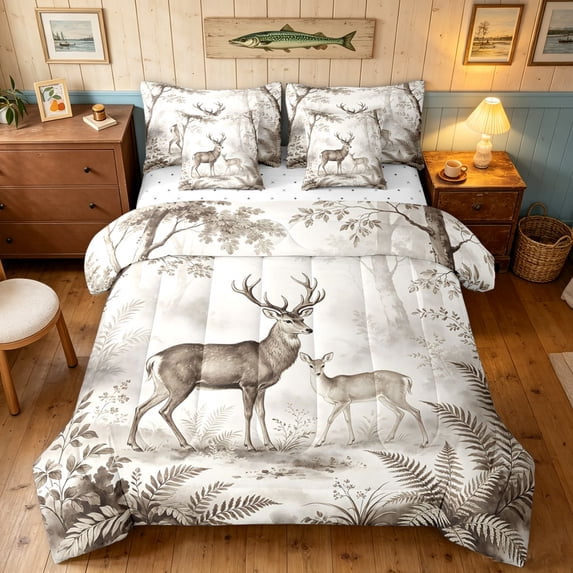 Manfei Rustic Elk Twin Bedding, Farmhouse Country Forest Bedding Comforter Set, White Tan, Reversible, 7-Piece