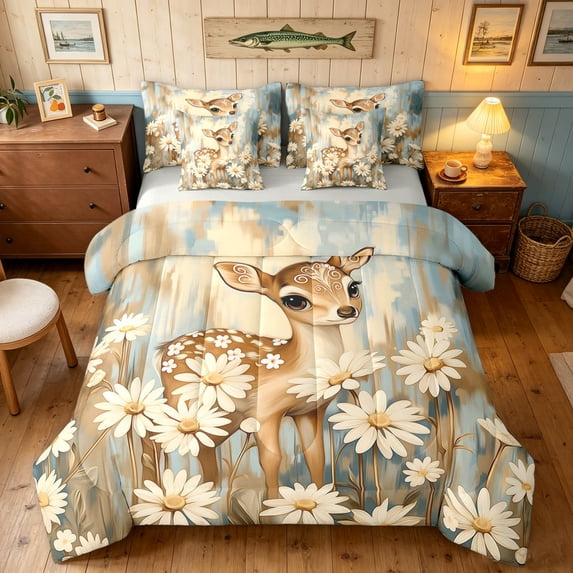 Manfei Rustic Elk Twin Bedding, Printing Groovy Floral Bedding Comforter Set, Tan Blue, Gray Reversible, 7-Piece