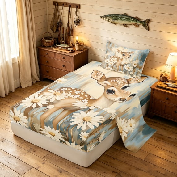 Manfei Rustic Elk Twin Sheets, Printing Groovy Floral Bedding, Tan Blue, 3-Piece, 1 Flat Sheet, 1 Fitted Sheet and 1 Pillowcase