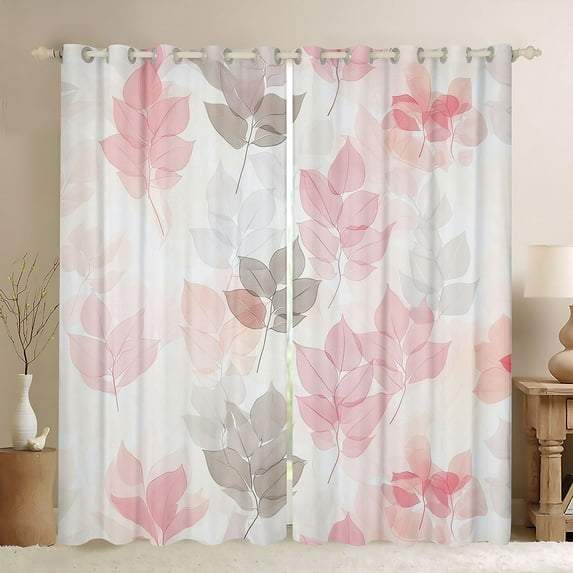 Manfei Rustic Fall Leaves Blackout Curtains Set of 2 (52x84 Each),Natural Plant Window Curtains,Pink White Curtains and Drapes For Girls Kids,Luxury Bedroom Decor