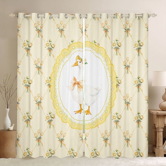 Manfei Rustic Farm Goose Blackout Curtains,Yellow Ribbon Bowknot Window Curtains Pack of 2 (38x45 Each)
