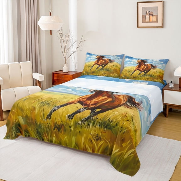 Manfei Rustic Farm Horse Twin Sheet Sets,Oil Painting Artwork Twin Fitted Sheet,Brown Yellow Blue Flat Sheet For Teens,Breathable Home Decor,3-Piece