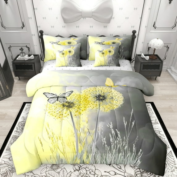 Manfei Rustic Farmhouse 7-Piece Bedding Comforter Set, Yellow Flower Dandelion King Bedding Sets, Butterfly Animal Reversible Bed Sheets, Luxury Bedroom Decor