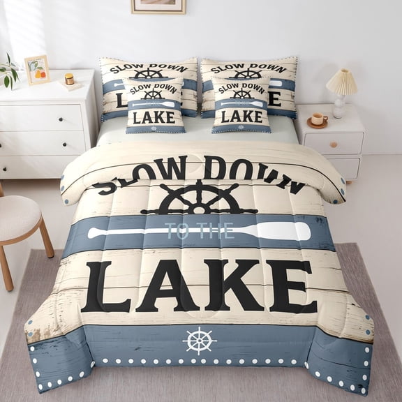 Manfei Rustic Farmhouse 7-Piece Twin Bedding,Lake Themed Bedding Comforter Set,Light Gray,Light Gray Reversible