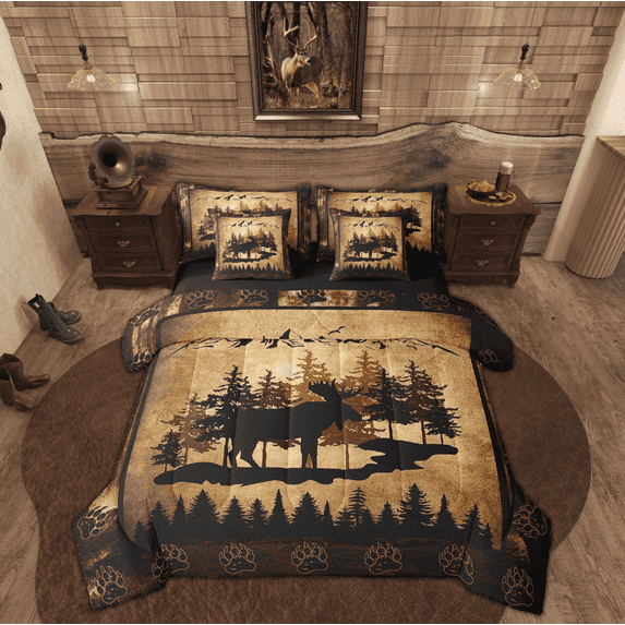 Manfei Rustic Farmhouse Bed in a Bag Twin size, Vintage Brown Bed Set, Wildlife Deer Reversible Bedding Twin Size, Ultra Soft Bedroom Decoration, 7pcs